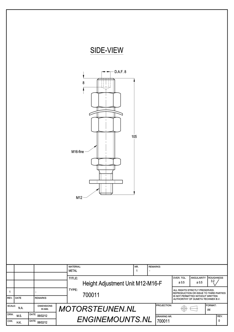 Stelstift verloop M12/M16fijn - klasse 8 - verzinkt