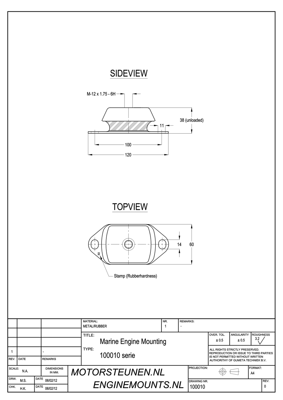 Marine Mount Motor support type 1600 - 65 shore - M12 - max. 100 kg