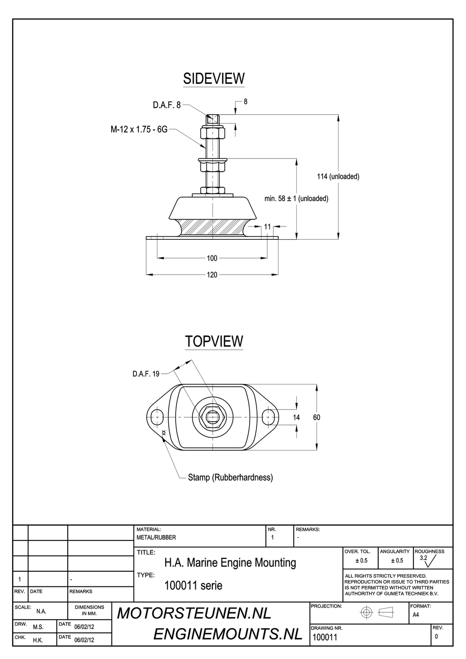 Marine Mount Motorsteun type 1600 - 75 shore - M12 stift - max. 125 kg