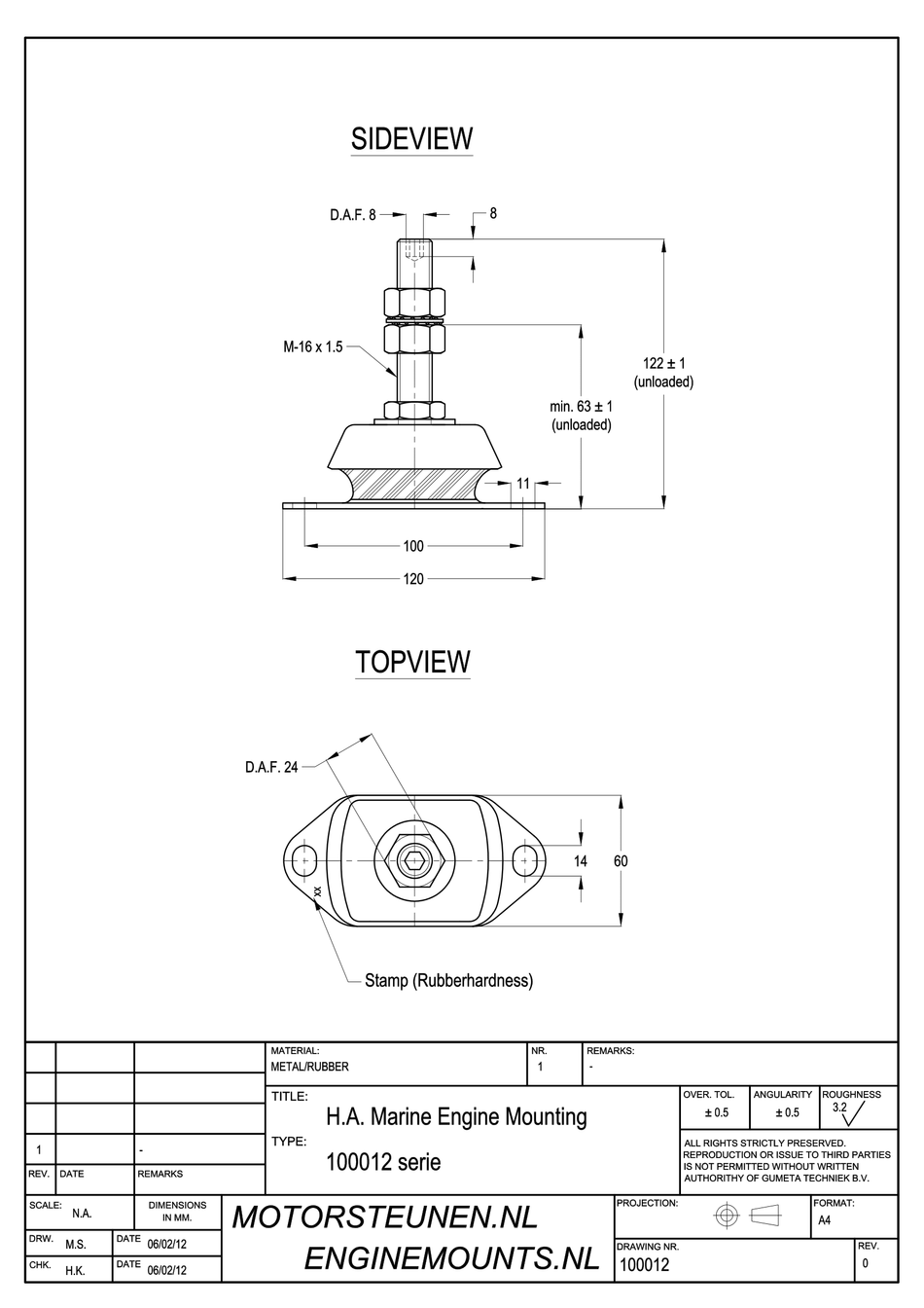 Marine Mount Motor support type 1600 - 75 shore - M16 pin - max. 125 kg