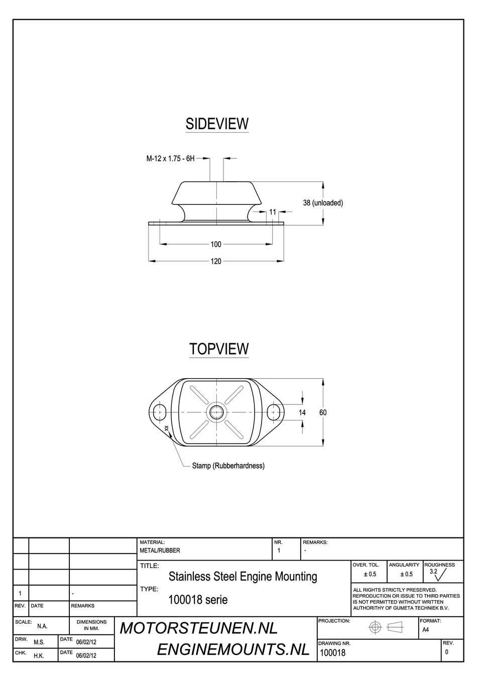 RVS Marine Mount Motorsteun type 1600 - 55 shore - M12 - max. 65 kg