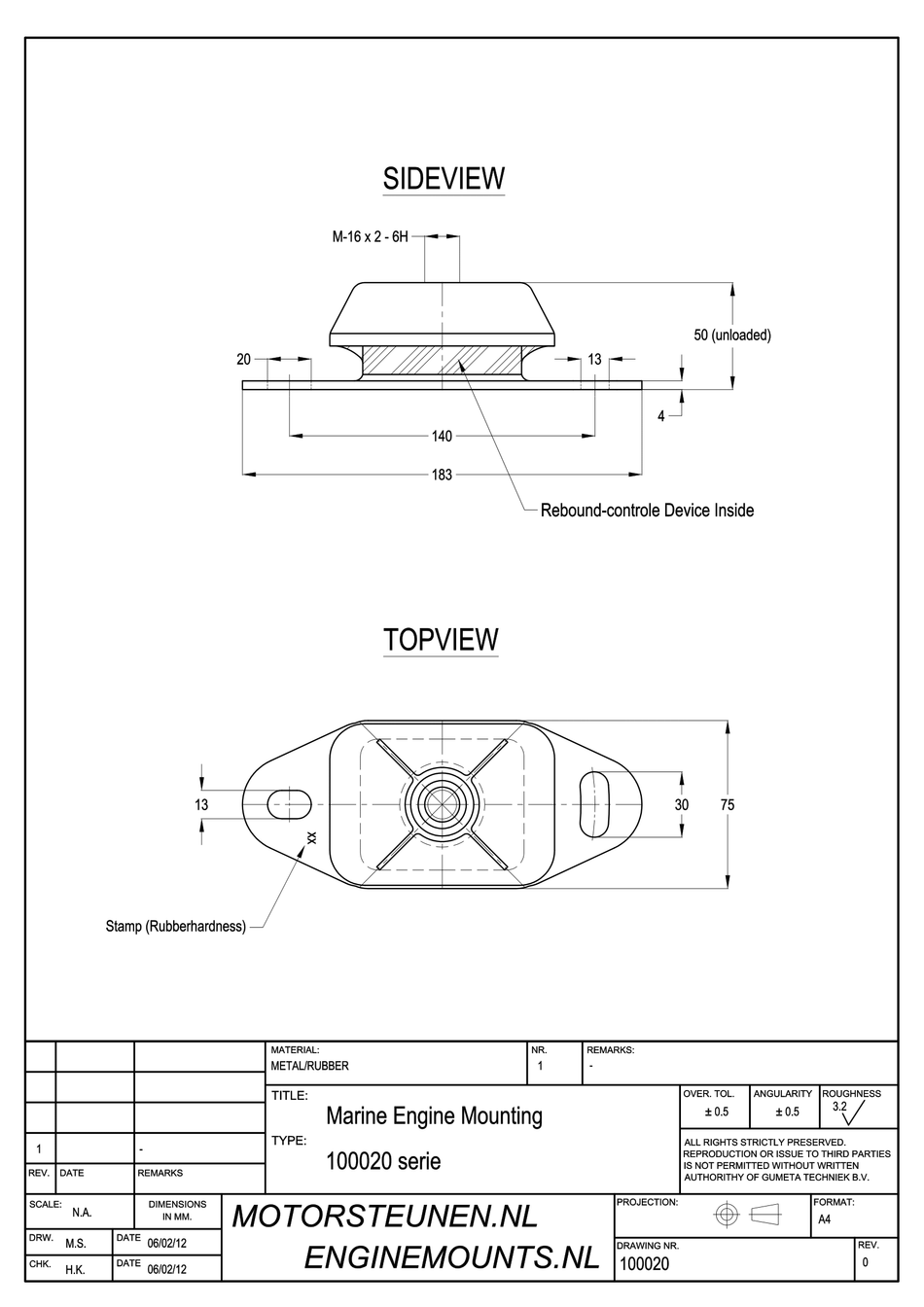 Marine Mount Motorsteun type 1609 - 45 shore - M16 - max. 90 kg