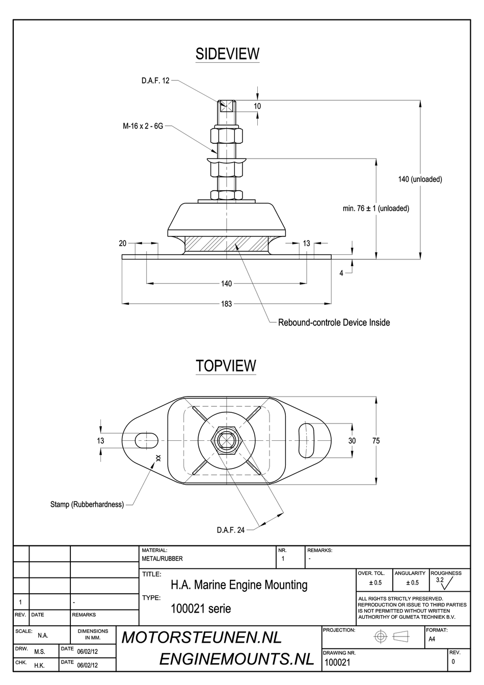 Marine Mount Motorsteun type 1609 - 45 shore - M16 stift - max. 90 kg