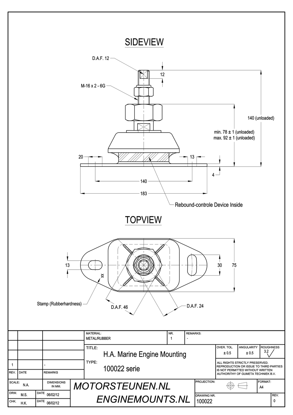 Marine Mount Motor support type 1609 - 65 shore - M16 fine adjustment - max. 200 kg