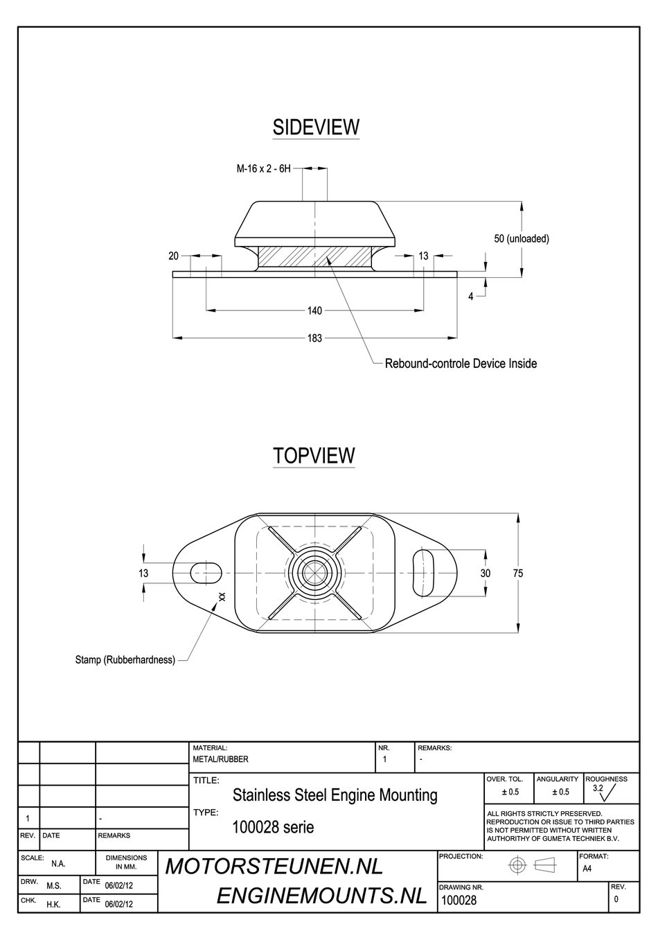 RVS Marine Mount Motorsteun type 1609 - 65 shore - M16 - max. 200 kg