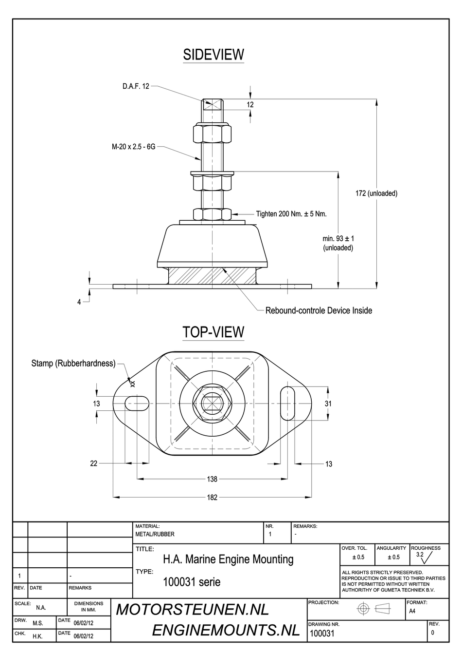 Marine Mount Motorsteun type IM-600 - 45 shore - M20 stift - max. 175 kg