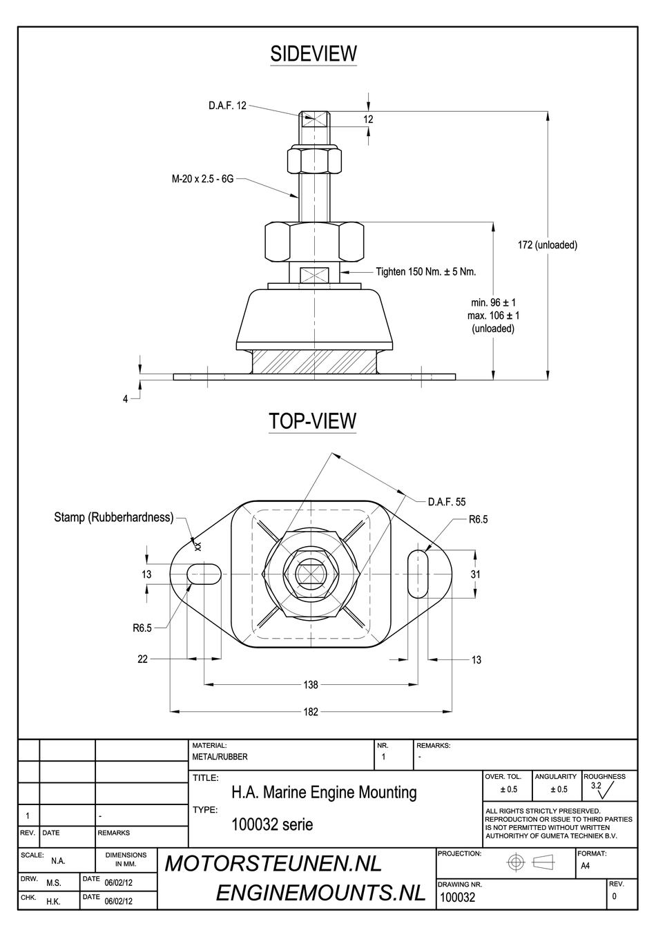 Marine Mount Motor support type IM-600 - 45 shore - M20 fine adjustment - max. 175 kg