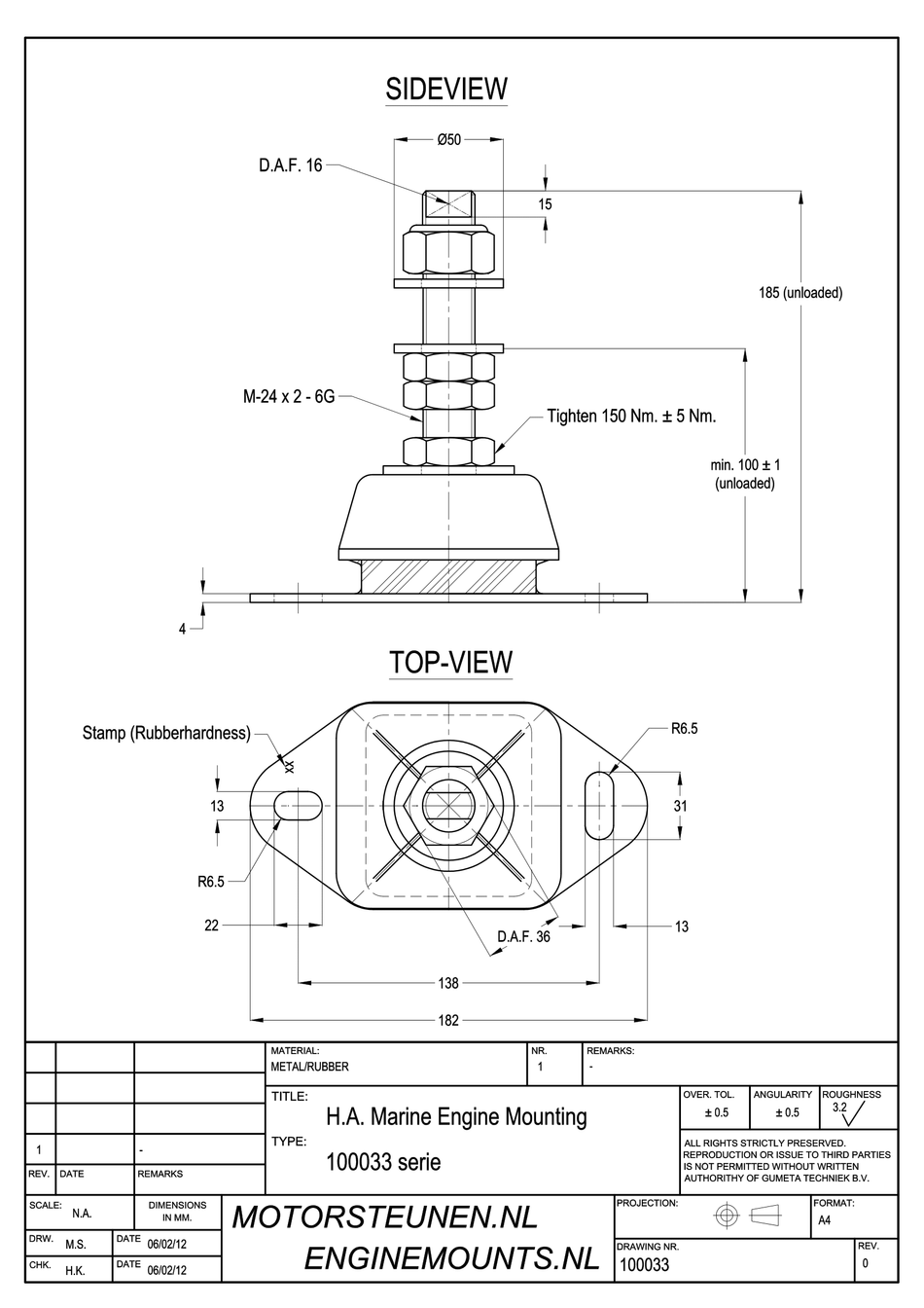 Marine Mount Motorsteun type IM-600 - 45 shore - M24 stift - max. 175 kg