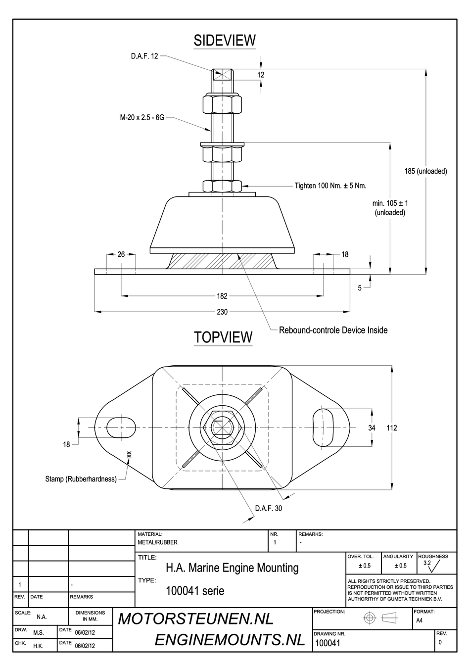 Marine Mount Motor support type 1657 - 55 shore - M20 pin - max. 350 kg