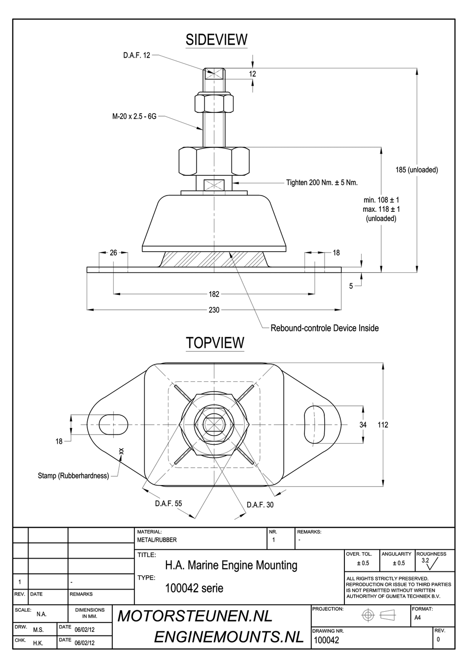 Marine Mount Motor support type 1657 - 45 shore - M20 fine adjustment - max. 250 kg