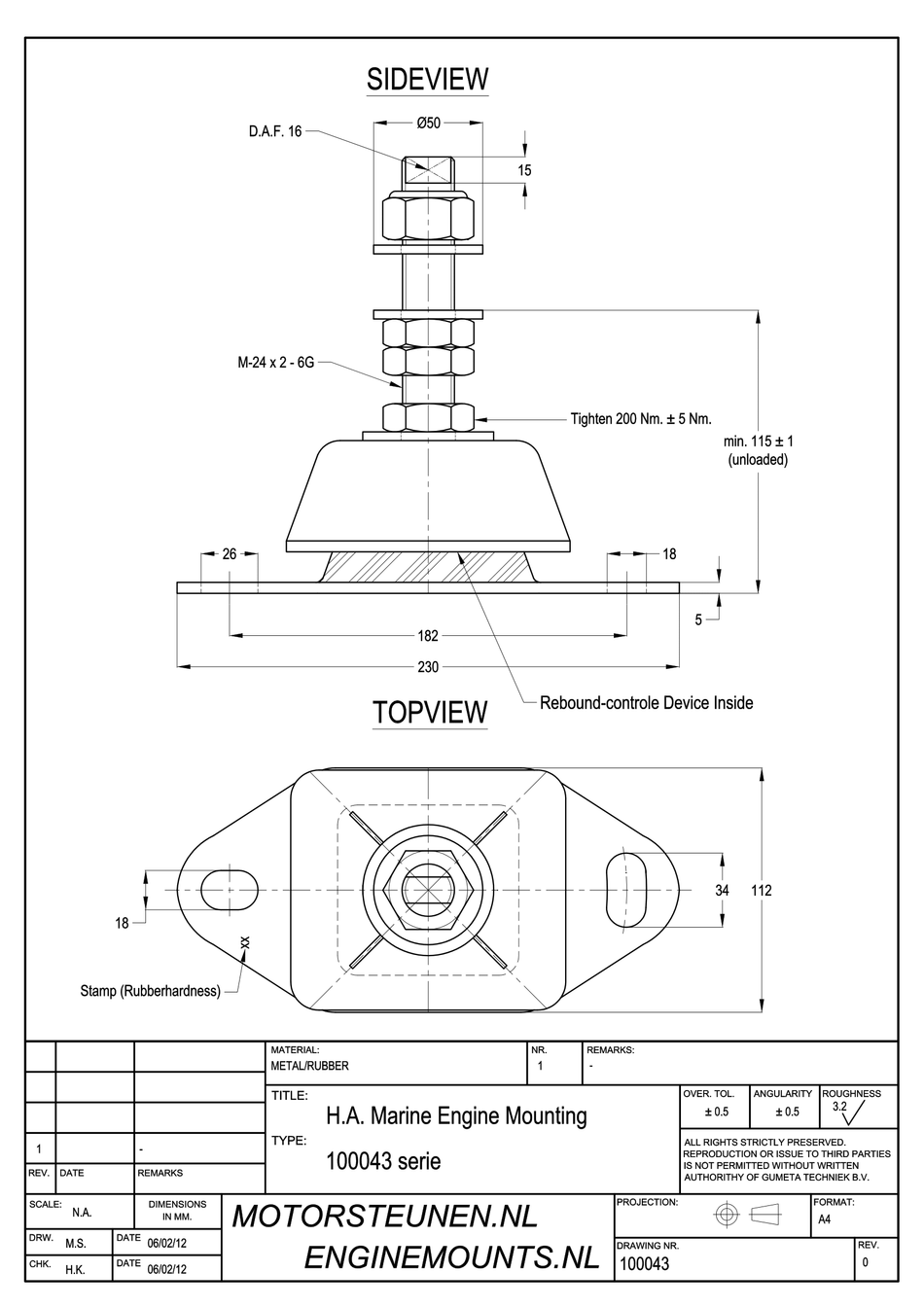 Marine Mount Motor support type 1657 - 45 shore - M24 pin - max. 250 kg