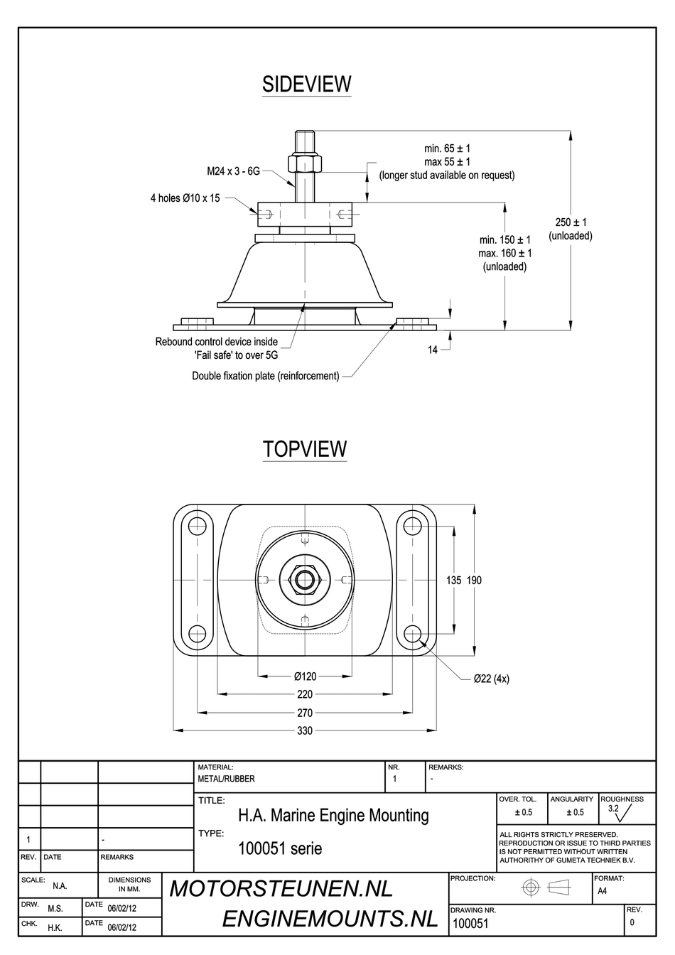 Marine Mount Motorsteun type 1841 - 40 shore - fijnverstelling - max. 800 kg