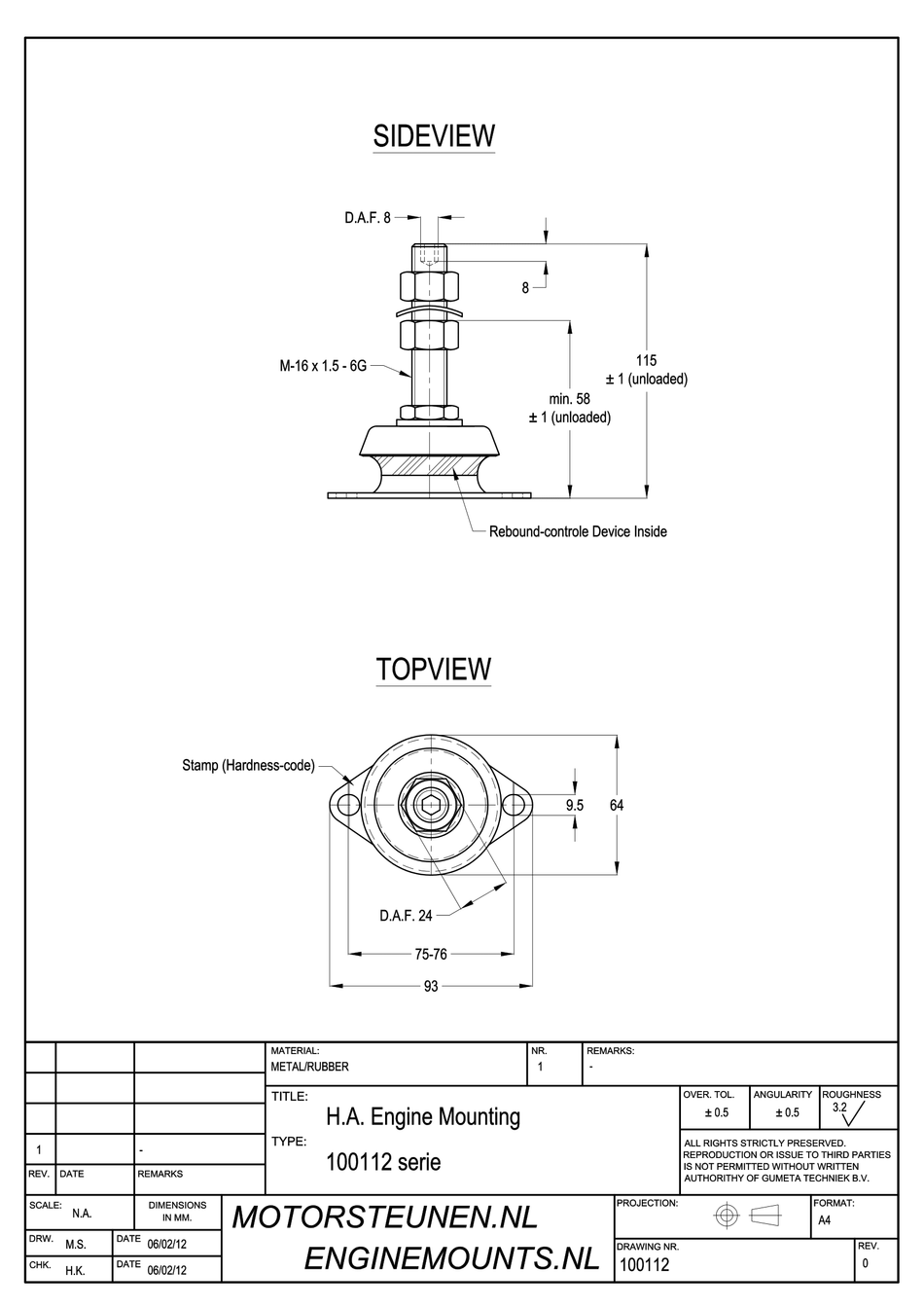 MD-Mount Motorsteun type 120 - 02 - M16 stift - max. 100 kg