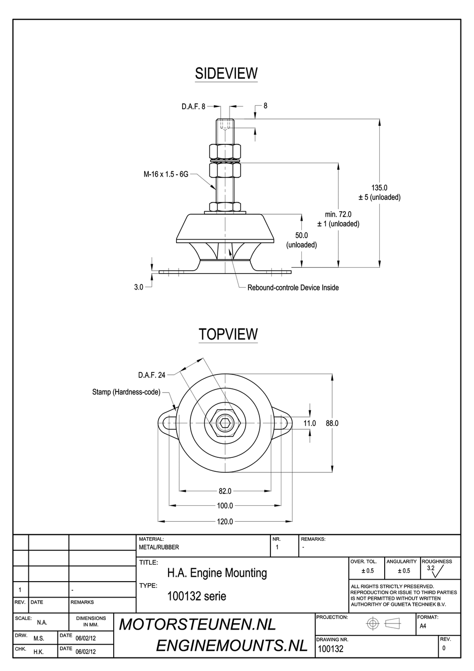 MD-Mount Motorsteun type 150 - 60 shore - M16 stift - max. 40 kg