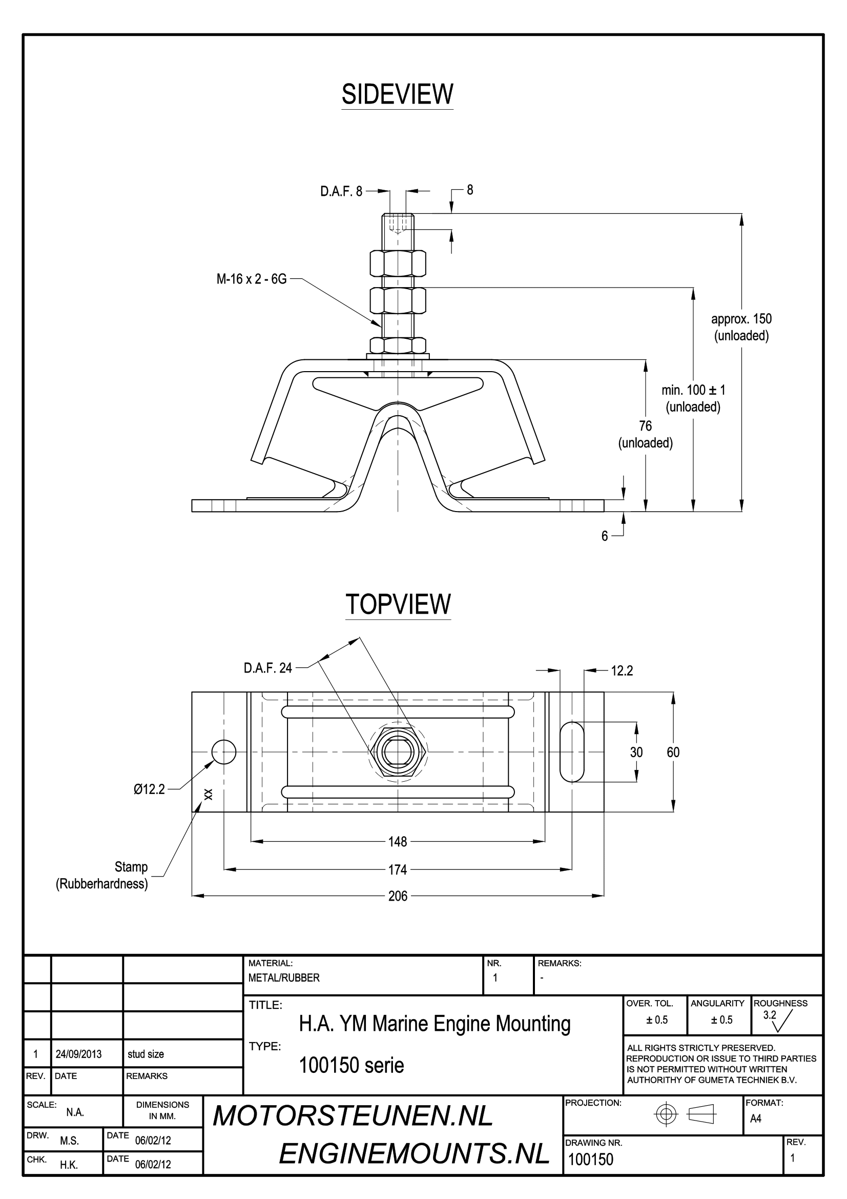 YM-Mount Engine mount type 100 - M16 pin - max. 70 kg - for Yanmar eng ...