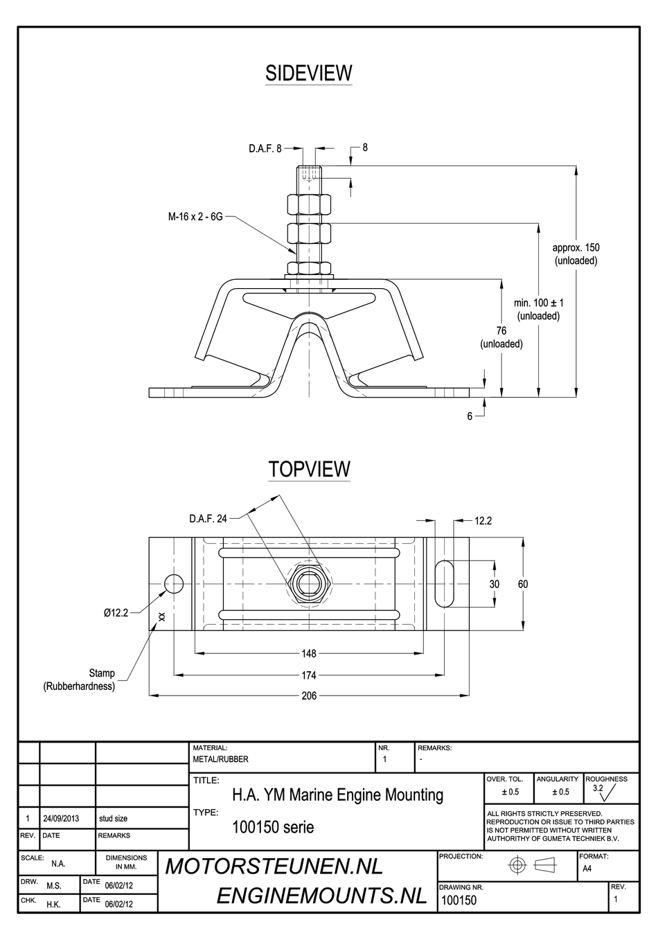 YM-Mount Motorsteun type 100 - M16 stift - max. 70 kg - voor Yanmar motoren