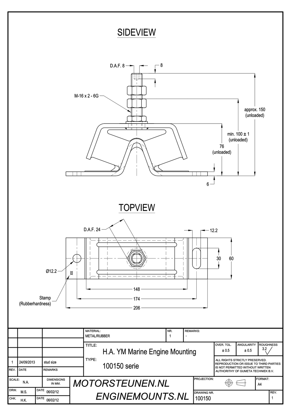 YM-Mount Engine mount type 100 - M16 pin - max. 70 kg - for Yanmar engines