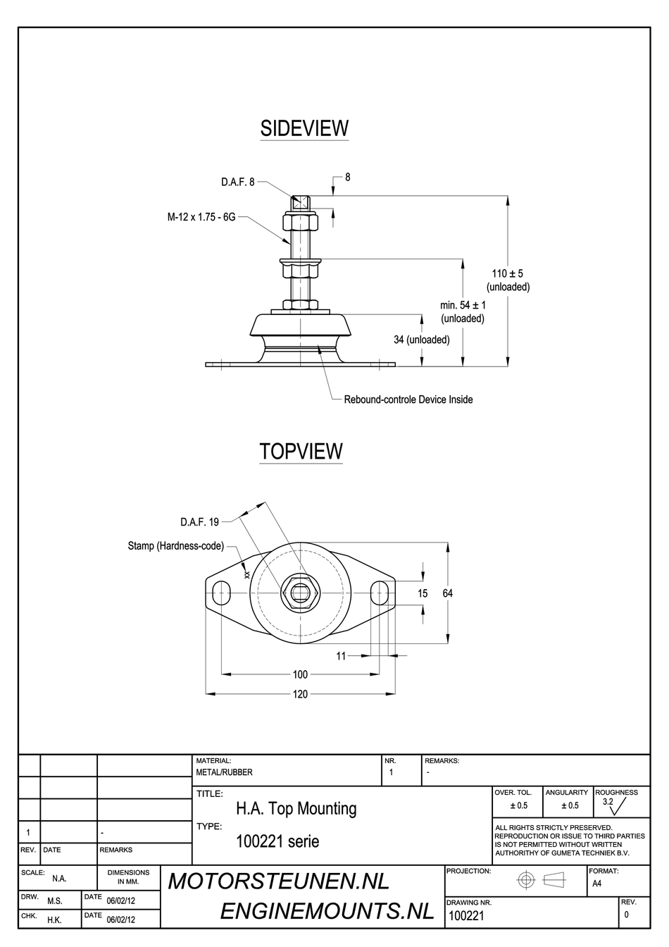 Machinevoet type 100 - 60 shore - M12 stift - max. 65 kg