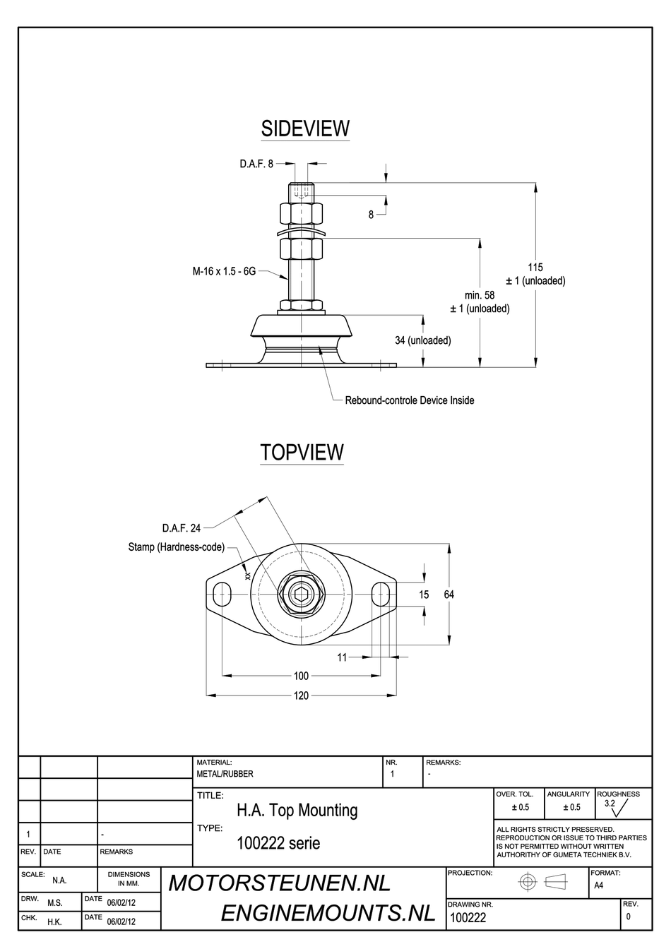 Machinevoet type 100 - 60 shore - M16 stift - max. 65 kg