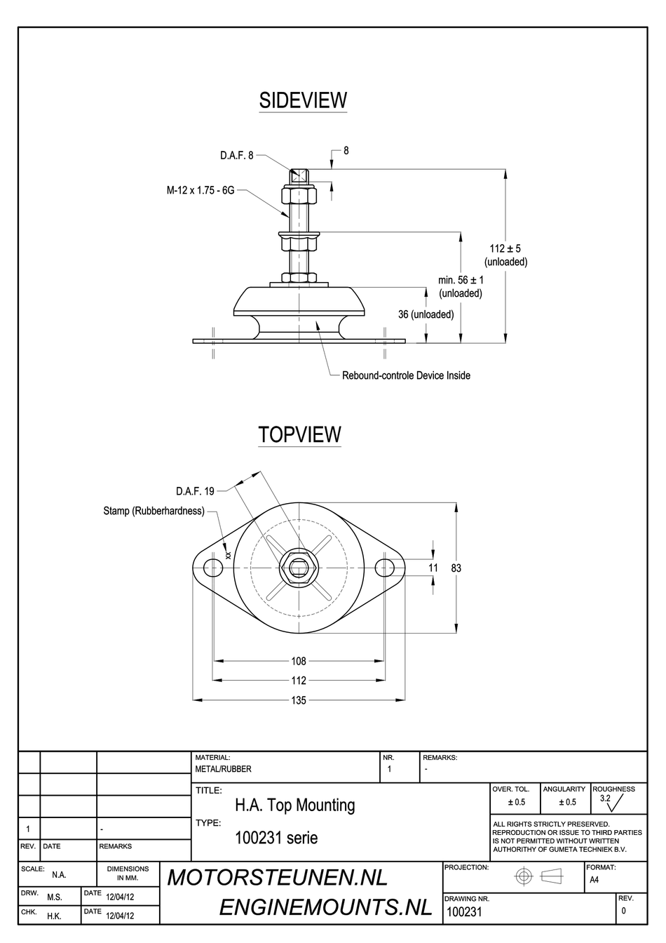 Machinevoet type 230 - 40 shore - M12 stift - max. 75 kg