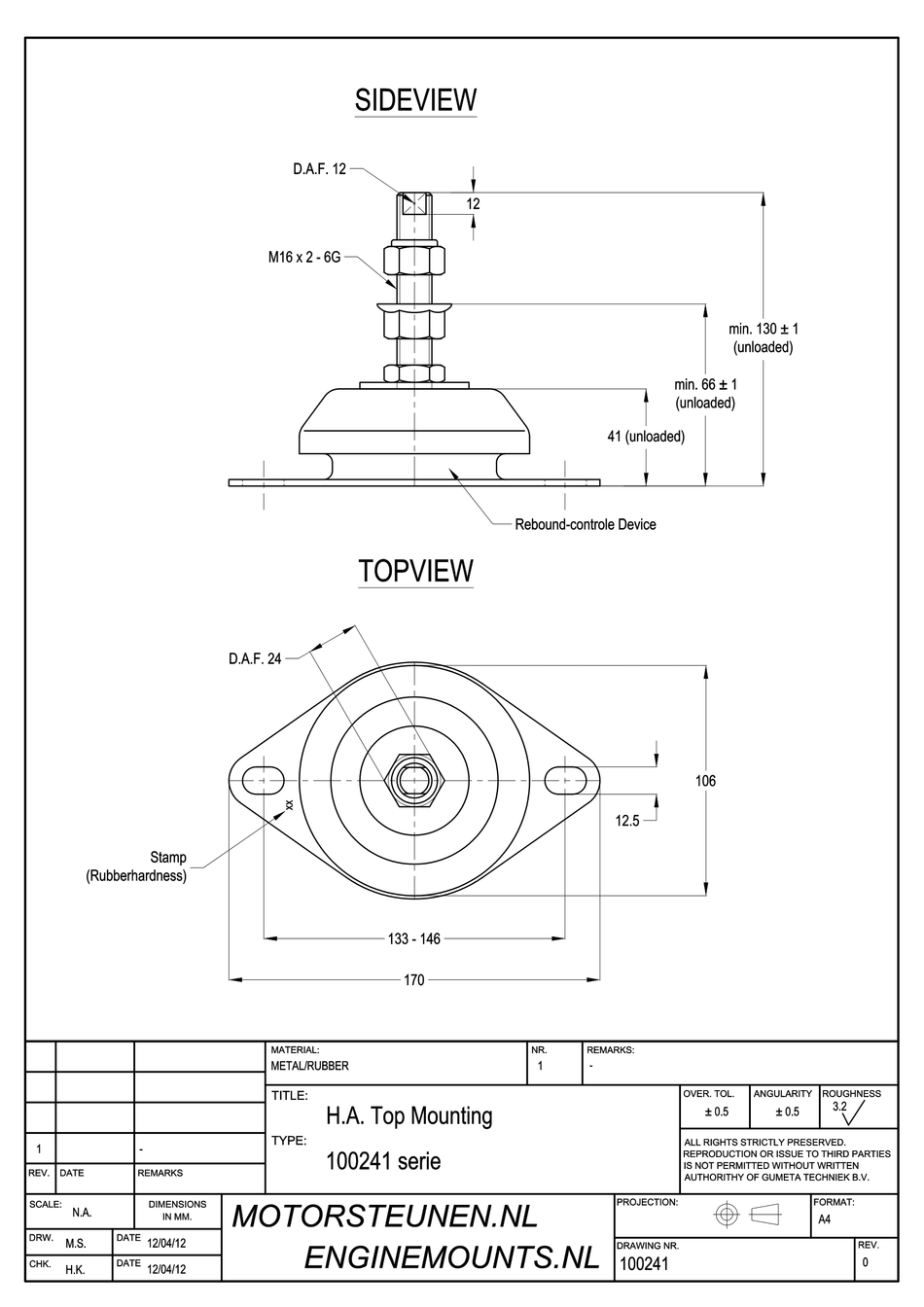 Machine base type 500 - 60 shore - M16 pin - max. 400 kg