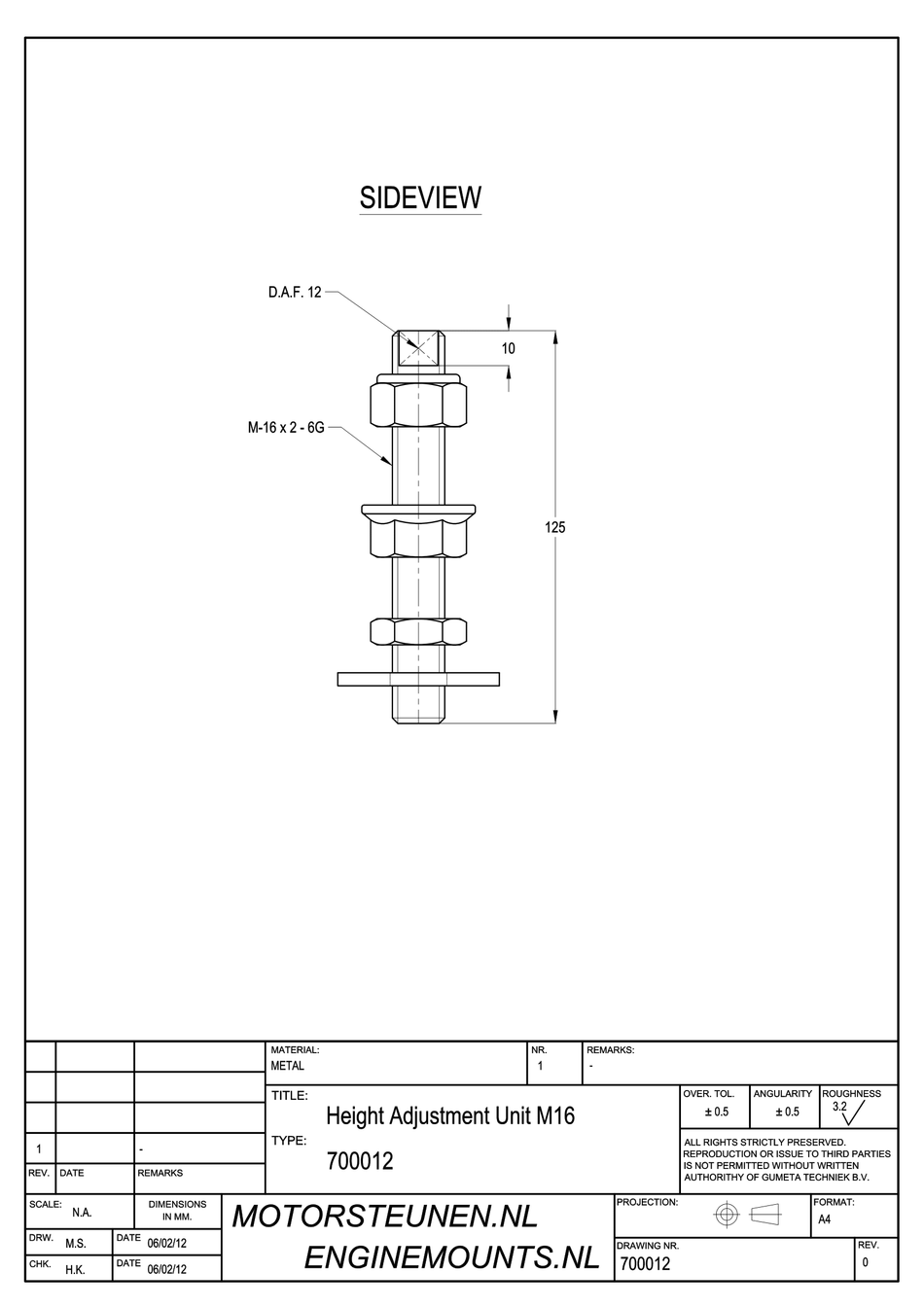 Adjusting pin M16 - class 8 - galvanized